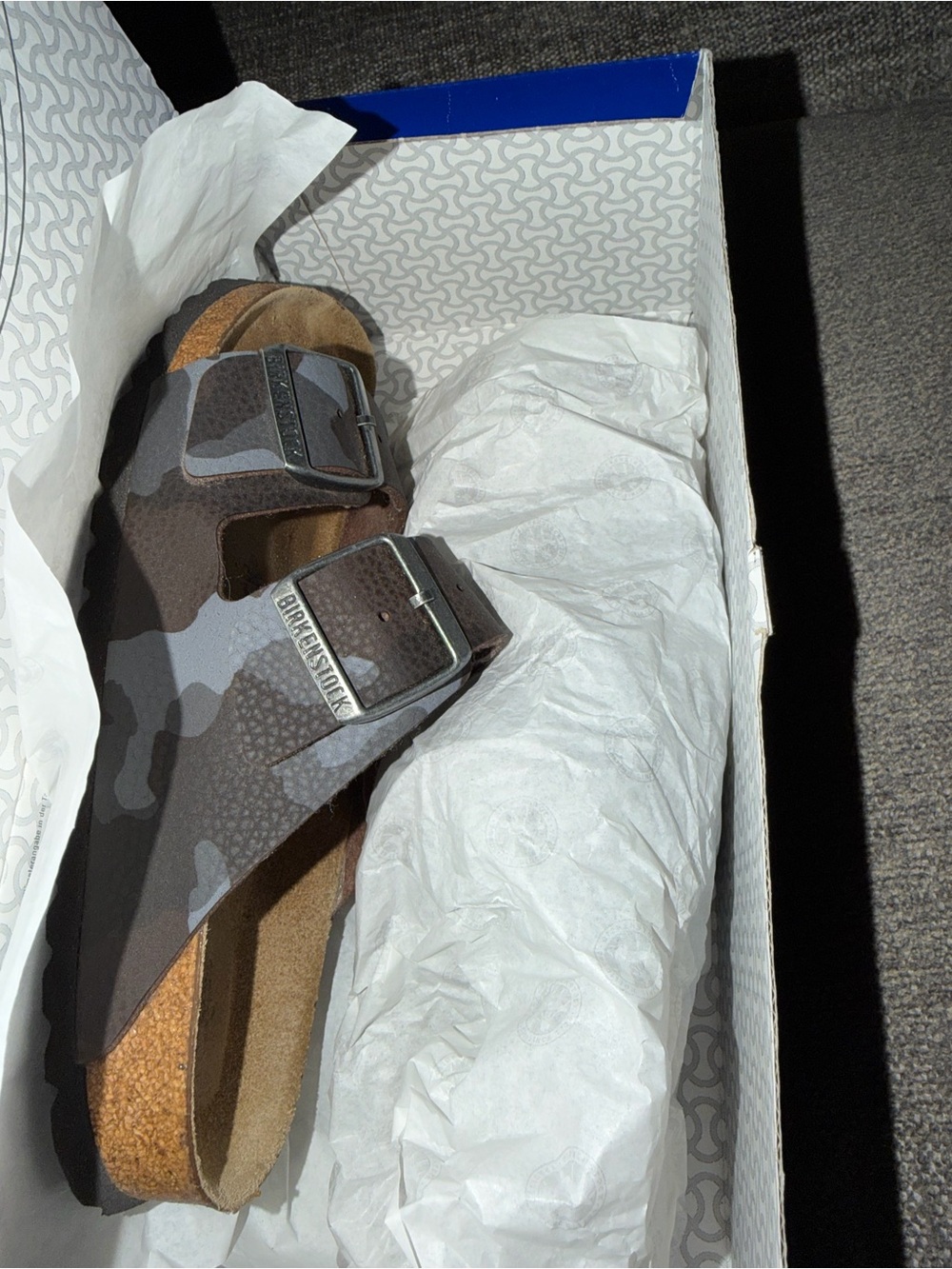 Birkenstock Arizona Camo Two-Stripe Sandal in Brown and Gray